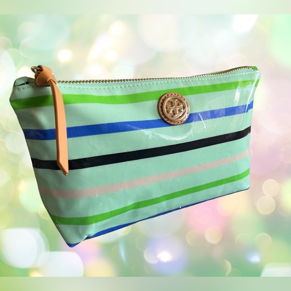 TORY BURCH NEW MAKEUP COSMETIC BAG MINT STRIPE ZIP TOP CHRISTMAS Gift 🎁 - Picture 2 of 8